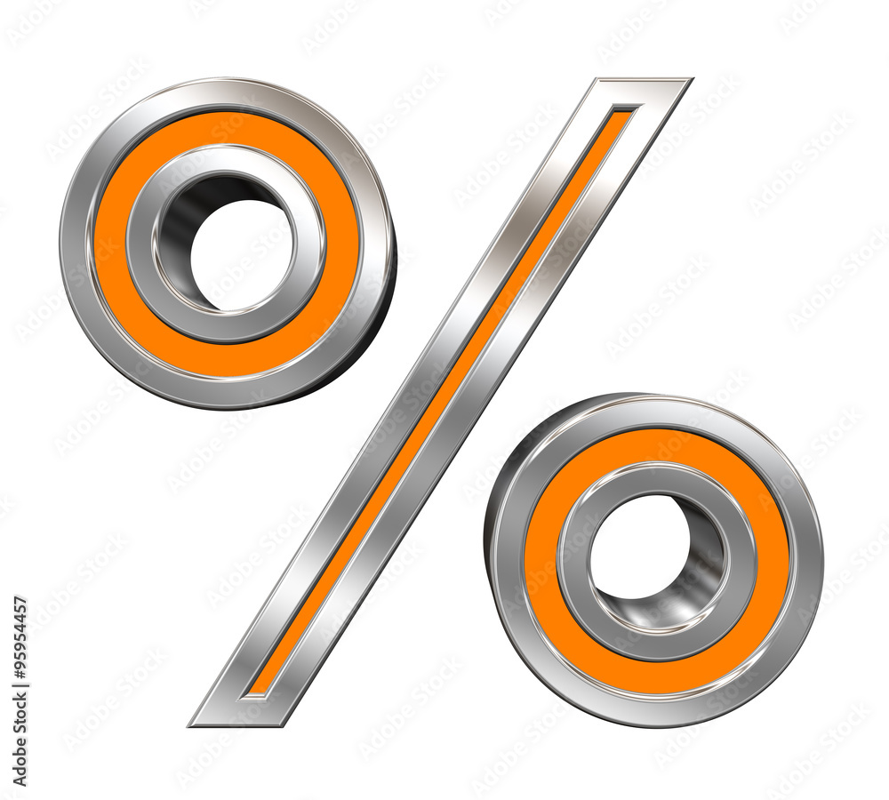 Fototapete Percent sign from orange with chrome frame alphabet set, isolated on white. Computer generated 3D photo rendering.