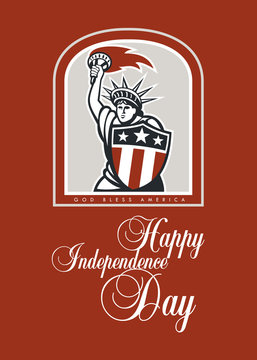 Independence Day Greeting Card-Statue of Liberty With Flaming Torch Shield