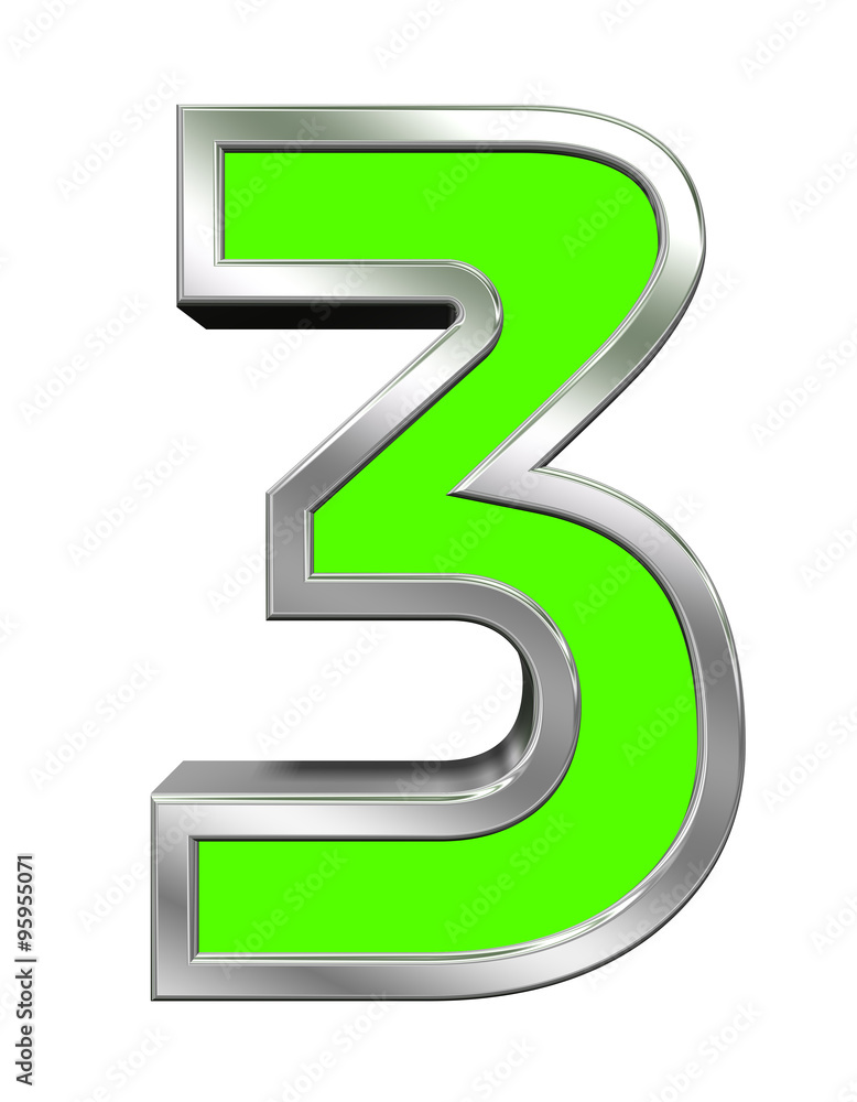 Fototapete one digit from green with chrome frame alphabet set, isolated on white. computer generated 3d photo 