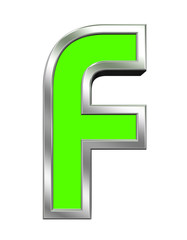 One letter from green with chrome frame alphabet set, isolated on white. Computer generated 3D photo rendering.