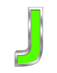 One letter from green with chrome frame alphabet set, isolated on white. Computer generated 3D photo rendering.