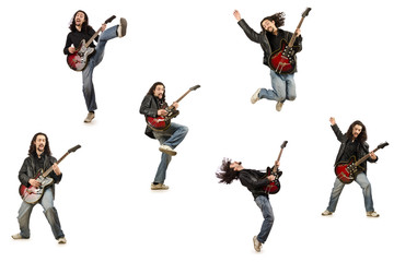 Funny guitar player isolated on white