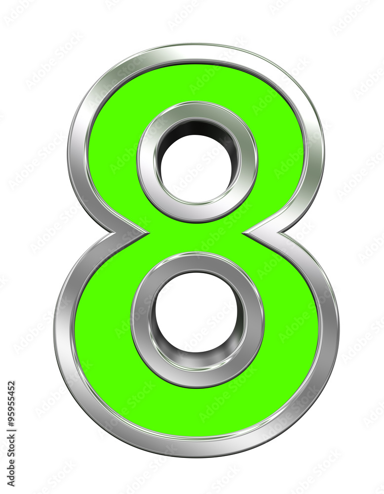 Fototapete One digit from green with chrome frame alphabet set, isolated on white. Computer generated 3D photo rendering.