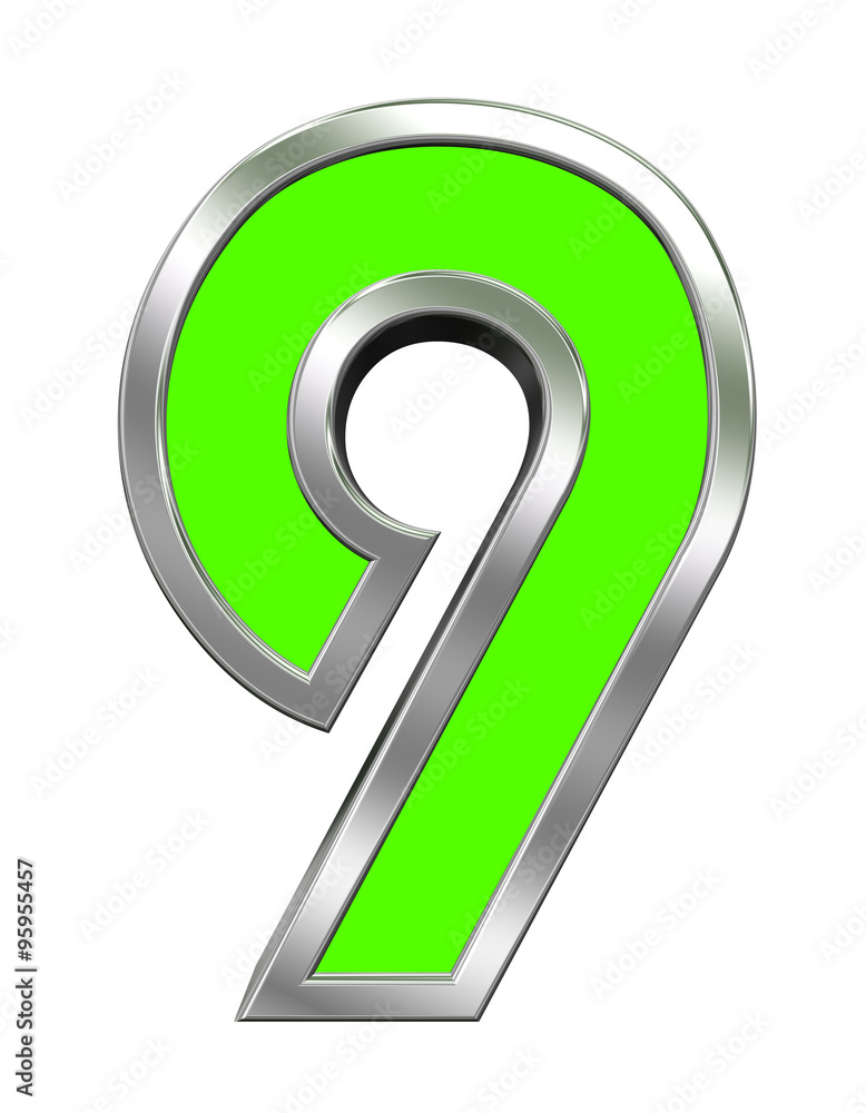 Fototapete one digit from green with chrome frame alphabet set, isolated on white. computer generated 3d photo 