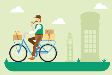 Retro London postman on a bicycle. Vector flat illustration