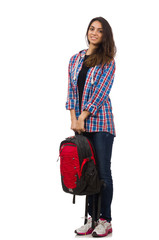 Student girl with backpack isolated on white