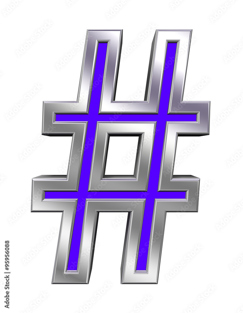 Fototapete number mark sign from blue with chrome frame alphabet set, isolated on white. computer generated 3d 