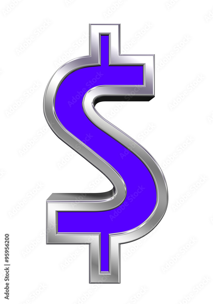 Fototapete dollar sign from blue with chrome frame alphabet set, isolated on white. computer generated 3d photo
