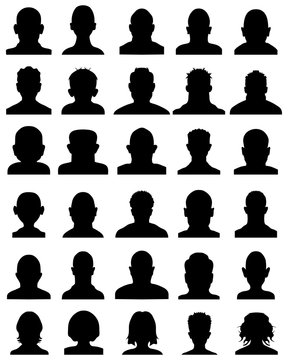 Black silhouettes of human heads on a white background, vector
