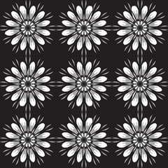 Seamless pattern with flowers. Vintage texture. Monochrome backdrop. Gray and white daisies. Black background. Vector Illustration. 