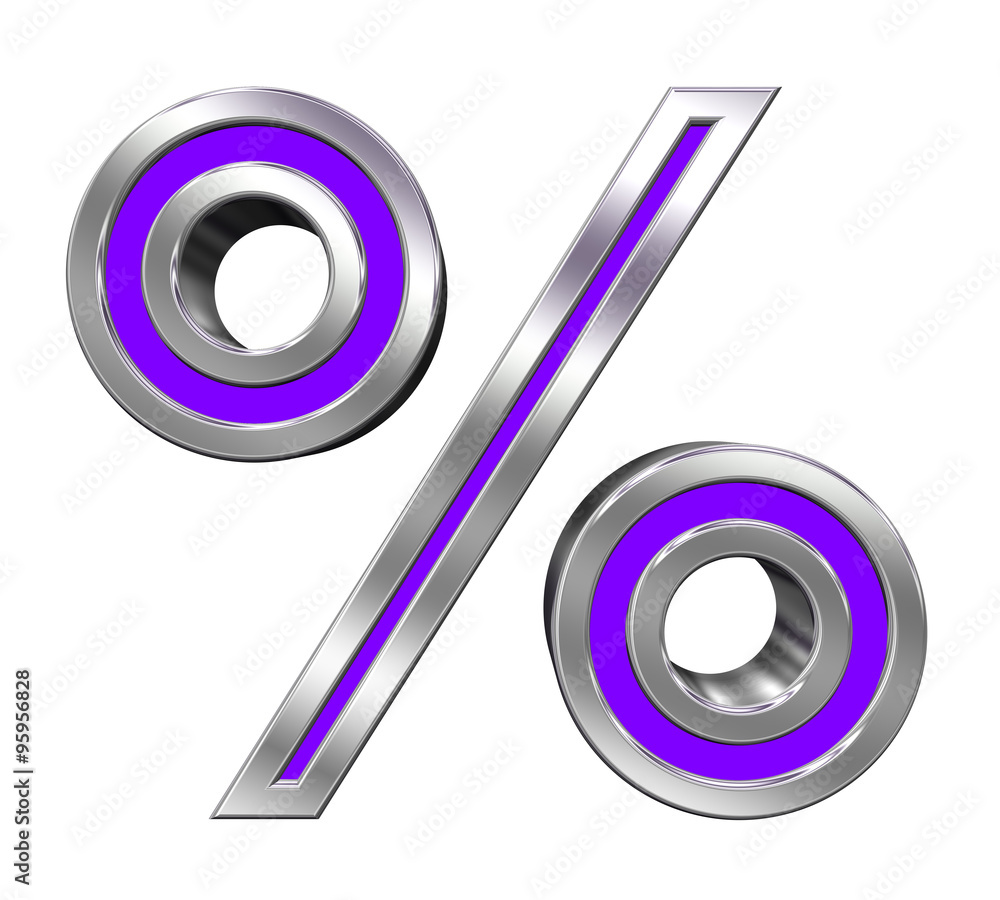 Fototapete percent sign from purple with chrome frame alphabet set, isolated on white. computer generated 3d ph