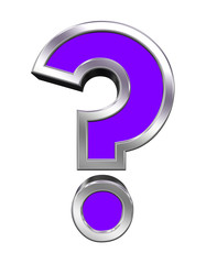 Question mark sign from purple with chrome frame alphabet set, isolated on white. Computer generated 3D photo rendering.