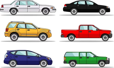 Stoff pro Meter Autorennen Satz von sechs farbigen Autos isoliert auf weißem Hintergrund im flachen Stil