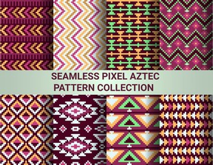 Collection of bright seamless pixel patterns in tribal style. Aztec geometric triangle and chevron patterns.