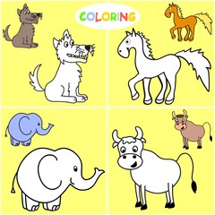 Coloring book with mammal animals. Vector black-and-white illustrations