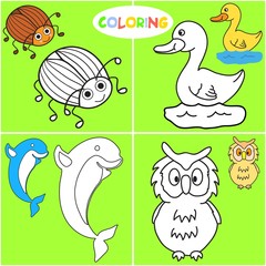 coloring book with animals. Vector black-and-white illustrations