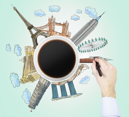 Top view of a coffee cup and the hand draws colourful sketches of the most famous cities in the...