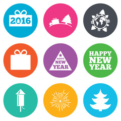 Christmas, new year icons. Gift box, fireworks.