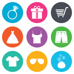 Clothes, accessories icons. Shopping signs.