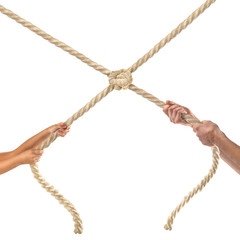 Hands of people pulling the rope on white background. Competition concept