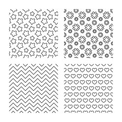 Stars, flowers and hearts seamless textures.