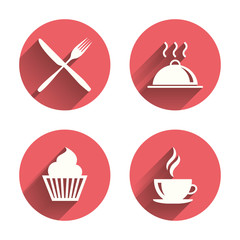Food icons. Muffin cupcake symbol. Fork, knife.