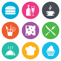 Food, drink icons. Coffee and hamburger signs.