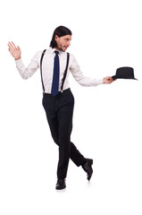 Fototapeta premium Man wearing hat and suspenders isolated on white