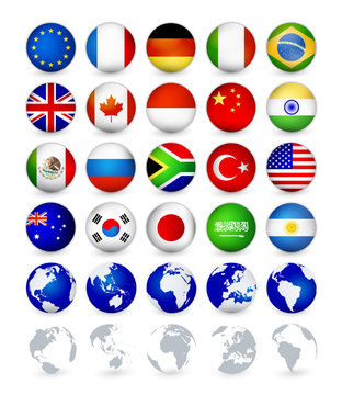 G20 country flags web buttons globes