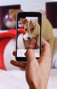 Male hand taking photo of boy and his dog on new year with cell, mobile phone.