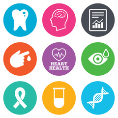 Medicine, medical health and diagnosis icons.