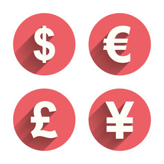 Dollar, Euro, Pound and Yen currency icons.