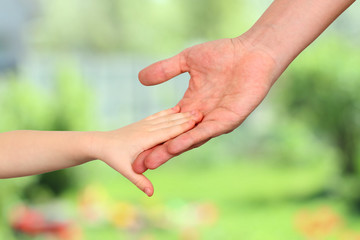 a father  holds the hand of a small child on a green background