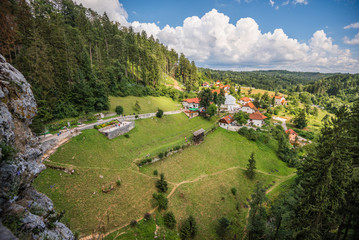 Village and Landscape View from Predjama Castle Window in Slovenia. Famous Tourist Place.