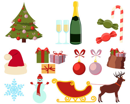 Set of flat Christmas icons isolated on white background. Vector illustration