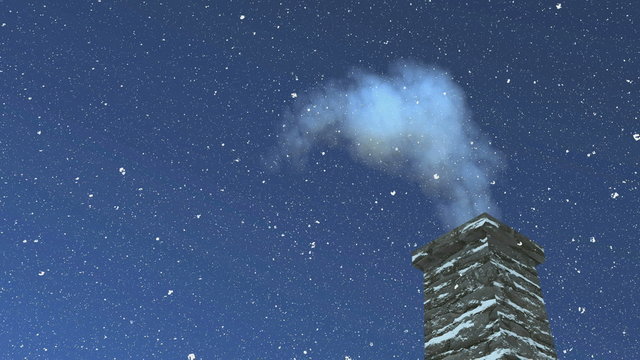 Close-up of the old house chimney with smoke against dark blue sky at magical snowfall night. Decorative 3D animation.