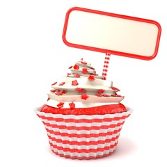 Strawberry cupcake and blank board. 3D render illustration isolated on white background