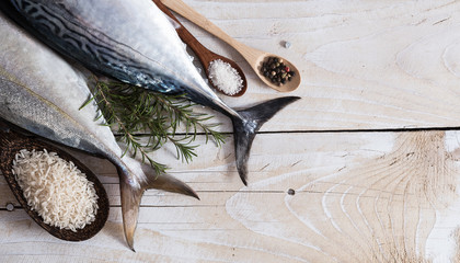 Raw fish, Bonito and Yellowtail, isolated on white