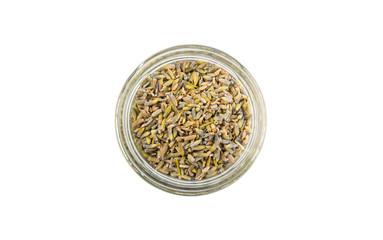 Dried lavender herbal tea in mason jar over white background