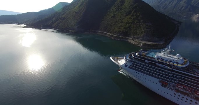 Aerial view of cruise ship in the Bay of Kotor
