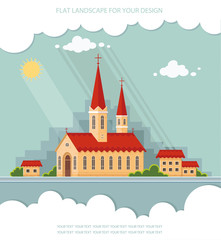 Landscape church on the background of the city. Flat vector illu