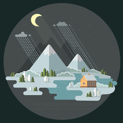 Night winter landscape mountains snow-capped hills. flat vector