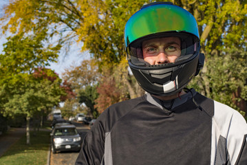 Motorcyclist Portrait Helmet On Visor Up