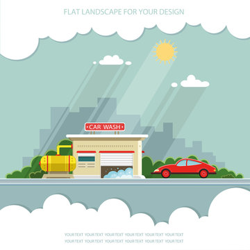 Car on the background of the city. Flat vector illustration
