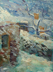 Oil painting of winter landscape with little house wind blowing the snow from roof