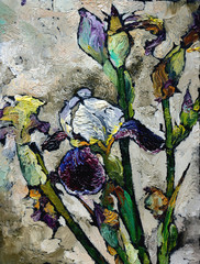 Oil painting still life with  blue violet  irises flowers On  Canvas with  texture in in the grayscale - 95965822