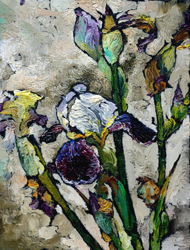 Oil painting still life with  blue violet  irises flowers On  Canvas with  texture in in the grayscale