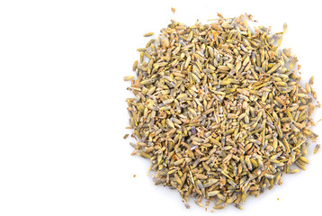 Dried lavender herbal tea over white background