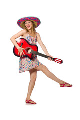 Woman in musical concept with guitar on white