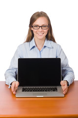 Office employee with laptop isolated on white